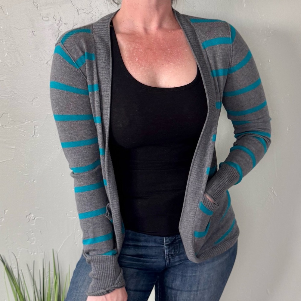 Mossimo Supply Co. Gray and Teal Striped Cardigan with Pockets